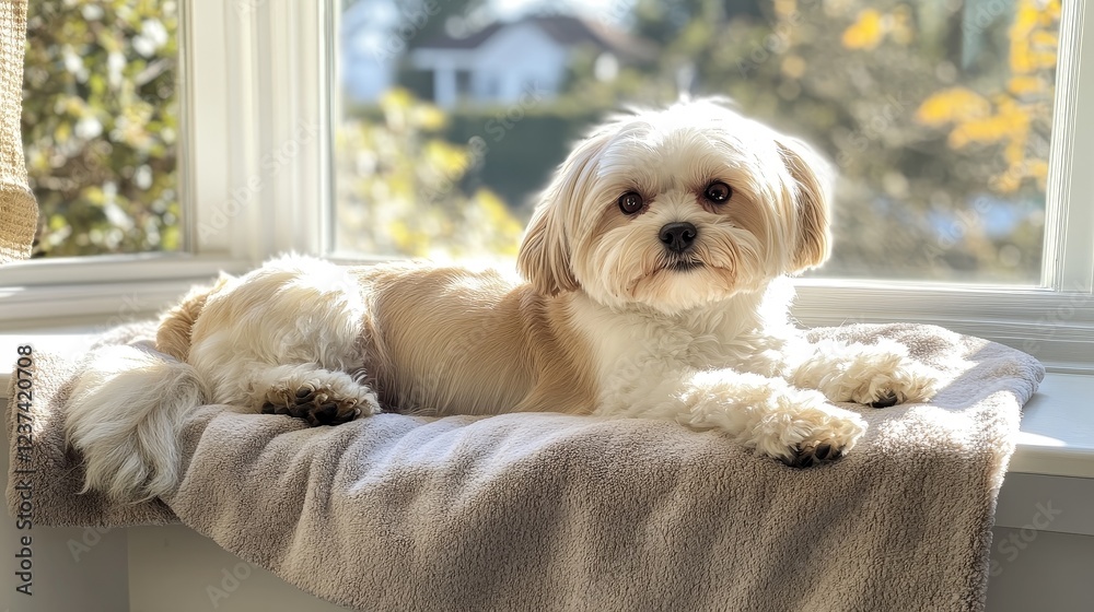 Shih Tzu Relaxing on Plush Throw in Sunlit Window Scene Shih Tzu Relaxing on Plush Throw in Sunlit Window Scene