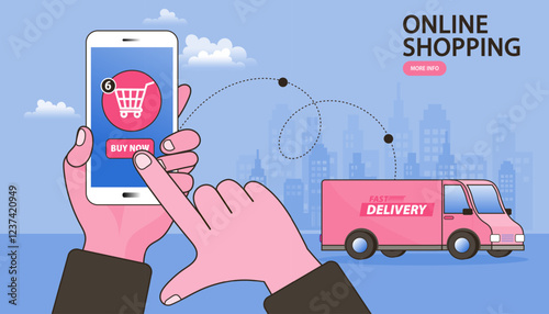 A website banner for online shopping. A hand presses the buy now button on a smartphone app, initiating the fast delivery process with a van for e-commerce fulfillment.