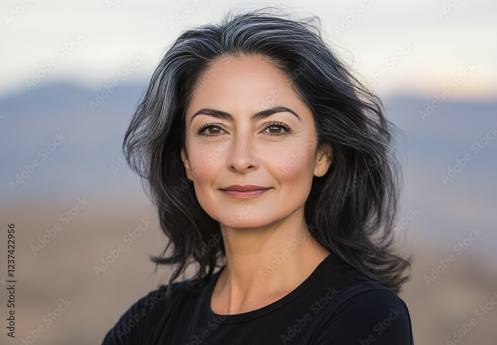 Serene Middle Aged Woman Portrait in Desert Landscape with Soft Natural Light Serene Middle Aged Woman Portrait in Desert Landscape with Soft Natural Light