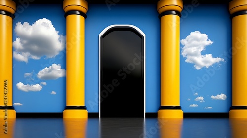 Gateway of Possibilities: A striking architectural composition featuring vibrant yellow columns framing a dark, inviting doorway, set against a backdrop of a vivid blue sky with fluffy clouds. photo
