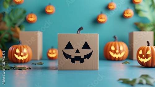 eCommerce seasonal campaign concept. A festive Halloween display featuring carved pumpkins, a playful jack-o'-lantern box, and a vibrant blue backdrop decorated with autumn leaves.