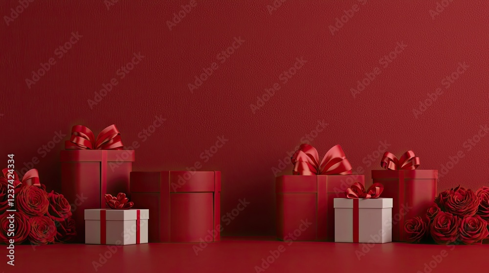 Fototapeta premium eCommerce seasonal campaign concept. A collection of beautifully wrapped red and white gifts arranged against a matching red background, creating a festive and elegant atmosphere.