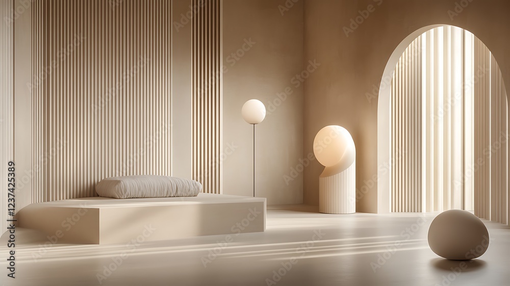 Minimalist Beige Room Interior Design with Lamps and Pillows Minimalist Beige Room Interior Design with Lamps and Pillows