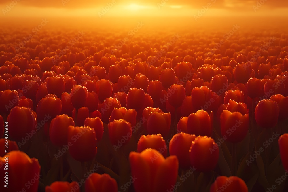 Obraz premium Beautiful field of colorful tulips in full bloom at sunset with vibrant red yellow pink and orange flowers creating a stunning spring landscape in the Netherlands