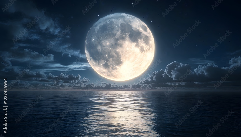 Fototapeta premium Full Moon Over Calm Ocean Night Sky Clouds Stars