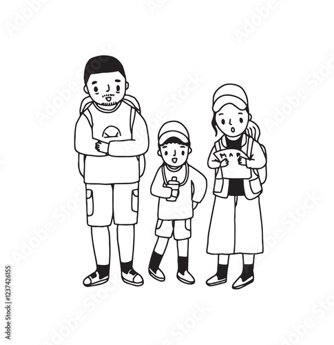 Family ready to travel, outline drawing vector illustration