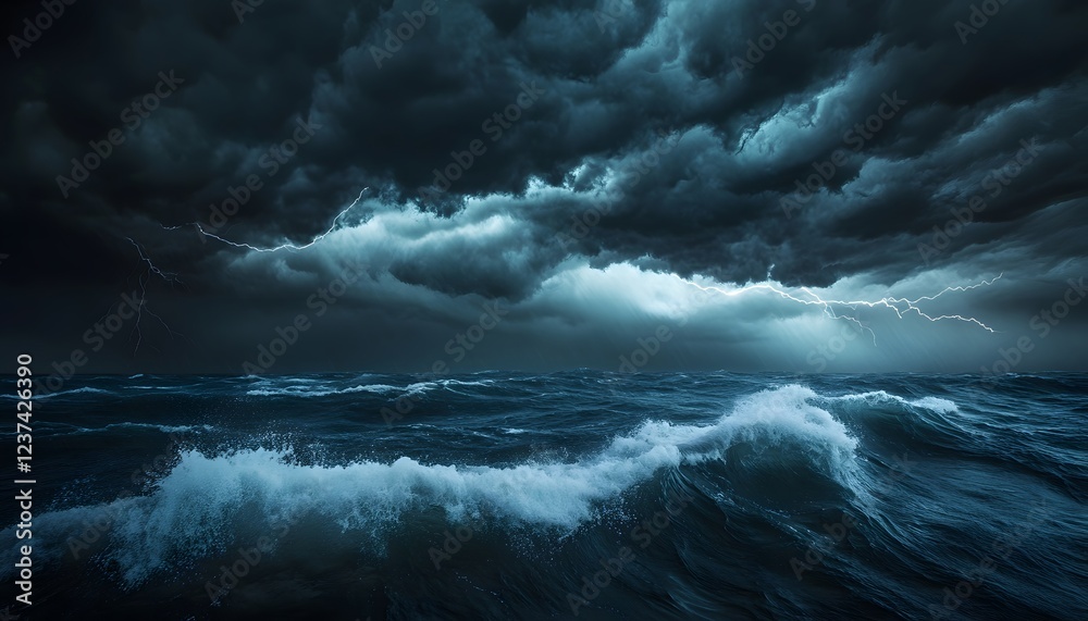 Fototapeta premium Dark Stormy Ocean Waves Under Thunderous Clouds