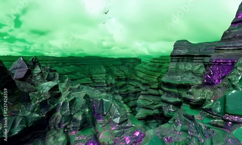 A surreal alien landscape with vibrant green skies and crystalline rock formations. Perfect for sci-fi concepts, futuristic worlds, and fantasy environments. photo