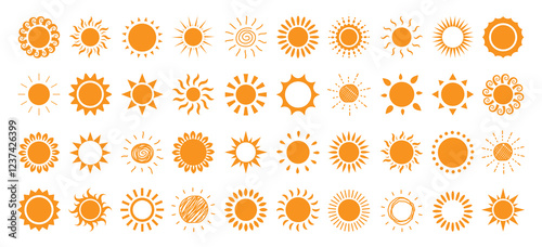 Sun logo clipart set. Yellow sun icon and symbol clip art with doodle and drawing sunrays vector illustration sunny day collection.
