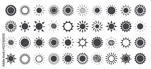 Sun logo clipart set. Yellow sun icon and symbol clip art with doodle and hand drawn sunrays vector illustration sunny day drawing collection.
