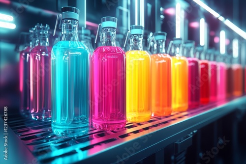 Vibrant neon glass bottles displayed on a shelf photo