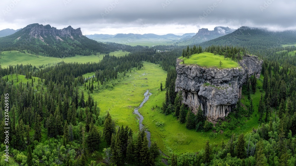 Obraz premium Scenic Valley, Rock Formation, Green Landscape, Montana