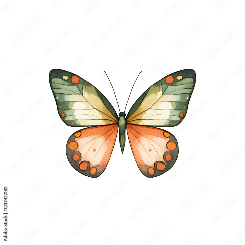 Fototapeta premium Elegant Butterfly: A Detailed Watercolor Illustration of a Pale Orange and Green Butterfly with Delicate Markings.&nbsp;