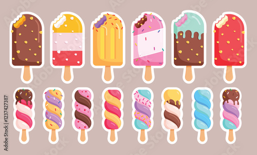 Popsicle logo clipart set. Sweet popsicle ice cream clip art icon collection with white bright shadows and different flavors vector illustration.
