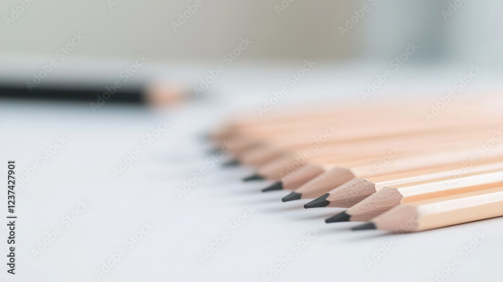 Sharpened pencils aligned on desk, shallow depth of field, office background, education concept Sharpened pencils aligned on desk, shallow depth of field, office background, education concept