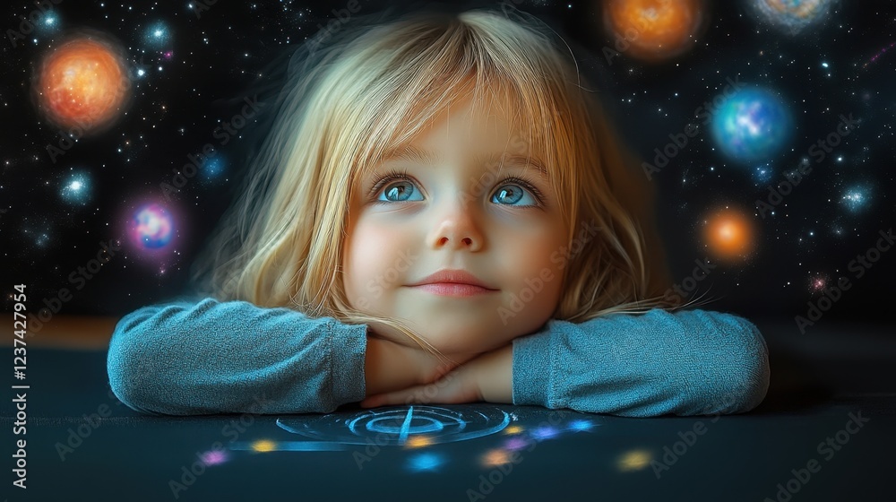Dreamy child looking at cosmic planets Dreamy child looking at cosmic planets