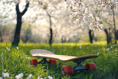 Skateboard resting on fresh grass, surrounded by blooming trees, highlighting a casual, active lifestyle, concept of outdoor activities, springtime, fitness, and leisure