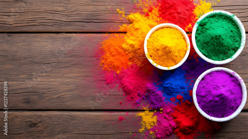 Vibrant Holi Festival Colors Powder, Bowls, Wooden Background photo