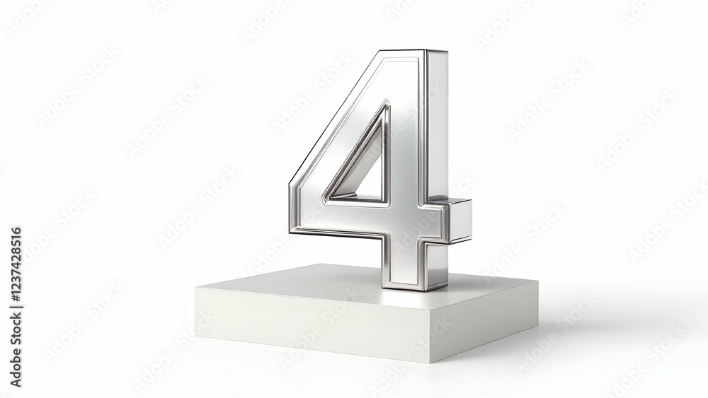 A 3Drendered image shows a shiny chrome number four standing on a simple white pedestal against a plain white background. The number is bold and metallic, suggesting an award or achievement. A 3Drendered image shows a shiny chrome number four standing on a simple white pedestal against a plain white background. The number is bold and metallic, suggesting an award or achievement.