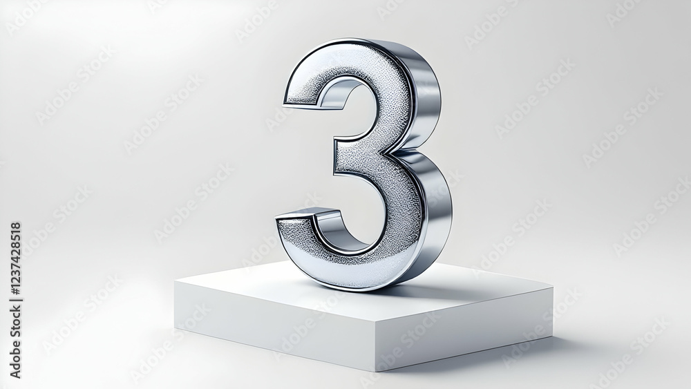 A 3D rendered image showcases a metallic, textured number three prominently displayed on a pristine white cubic pedestal against a stark white backdrop. A 3D rendered image showcases a metallic, textured number three prominently displayed on a pristine white cubic pedestal against a stark white backdrop.