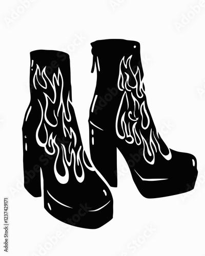 Bold Black and White Platform Boots with Flame Design, Stylish High-Heeled Shoes with Flame Patterns, Retro Fashion Footwear with Glossy Finish and Unique Artistic Detail