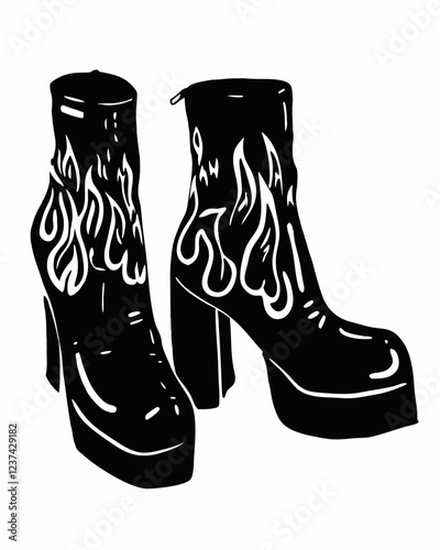 Bold Black and White Platform Boots with Flame Design, Stylish High-Heeled Shoes with Flame Patterns, Retro Fashion Footwear with Glossy Finish and Unique Artistic Detail