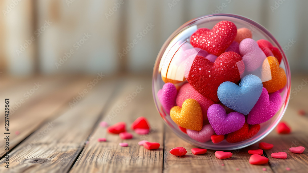 A glass sphere filled with numerous colorful, sparkly hearts rests on a rustic wooden surface. Several more hearts are scattered nearby, creating a romantic Valentines Day atmosphere. A glass sphere filled with numerous colorful, sparkly hearts rests on a rustic wooden surface. Several more hearts are scattered nearby, creating a romantic Valentines Day atmosphere.