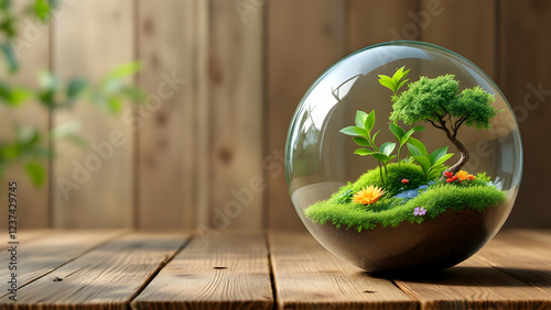 A glass sphere rests on a wooden surface, showcasing a miniature ecosystem. Lush green moss, tiny plants, a small tree, and colorful flowers create a vibrant, selfcontained world. photo