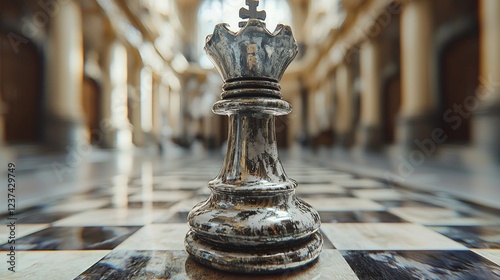 Silver queen chess piece on board, grand hall background, strategy concept photo