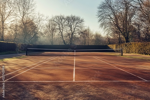 Tennis court bathed in soft spring light, minimalistic composition highlighting the sport and surroundings, concept of sports marketing, outdoor recreation, and fitness photo