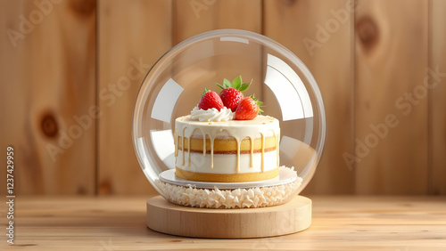 A delicious twolayered strawberry cake sits inside a clear glass dome on a wooden base. photo