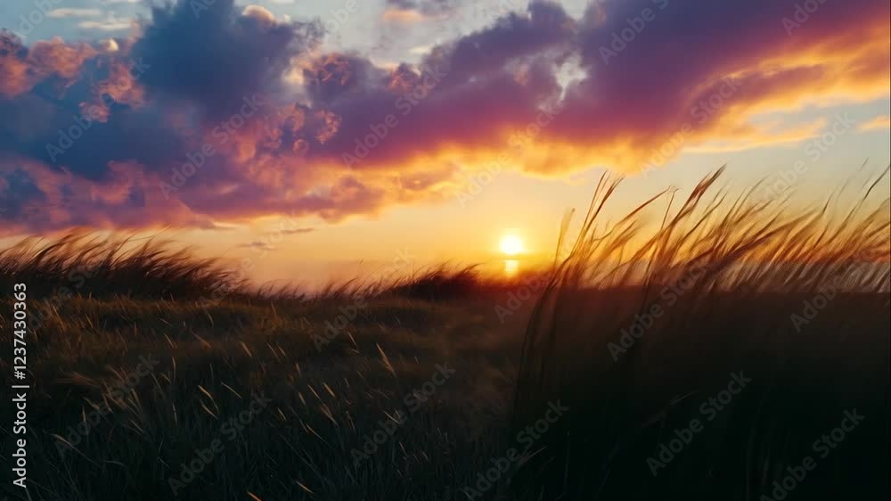 A sunset view over a grassy field with a peaceful and serene landscape A sunset view over a grassy field with a peaceful and serene landscape