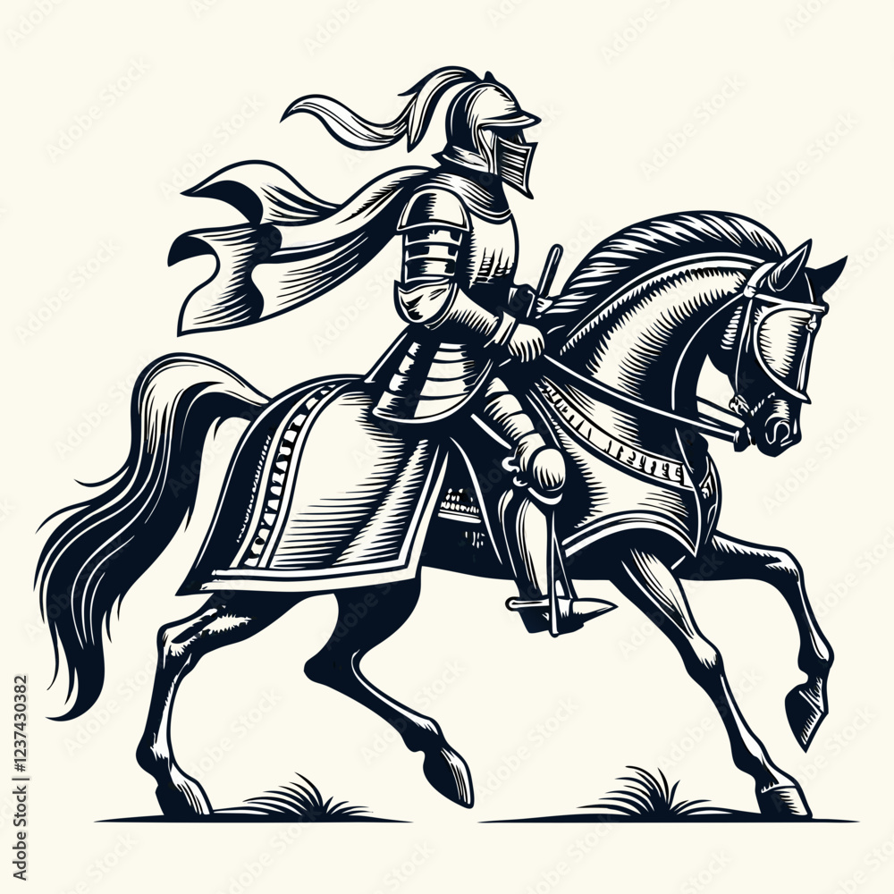Obraz premium Imposing Knight in Full Armor Riding Horse, Black and White Artwork of a Medieval Knight with Sword and Shield, Galloping Equestrian Knight in Action with Detailed Armor and Horse