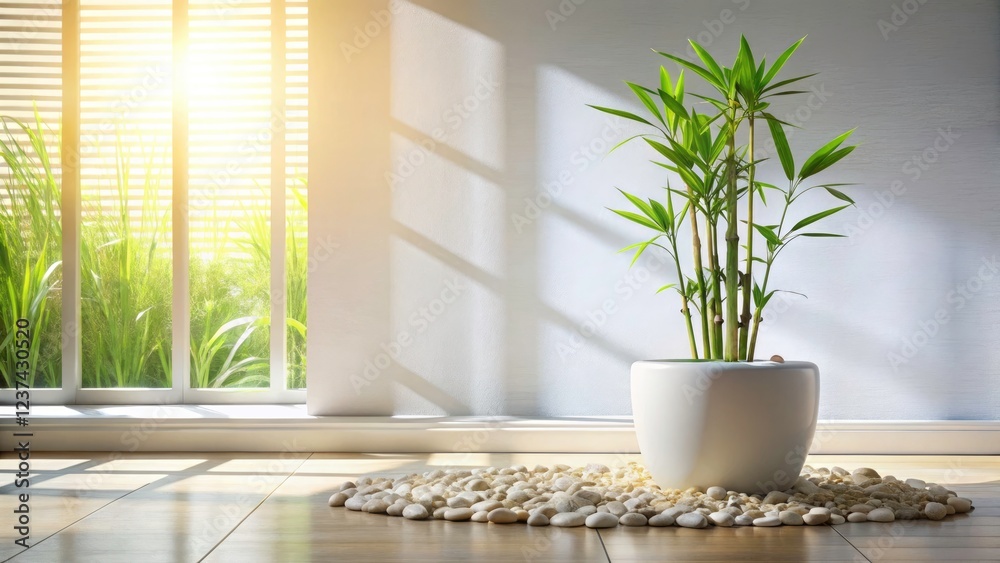 White pot, smooth pebbles, bamboo in sunlight. Minimalist windowsill still life. White pot, smooth pebbles, bamboo in sunlight. Minimalist windowsill still life.