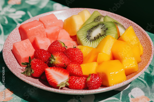 Wallpaper Mural Colorful fruit salad with watermelon, strawberries, kiwi, and mango on a pink plate Torontodigital.ca