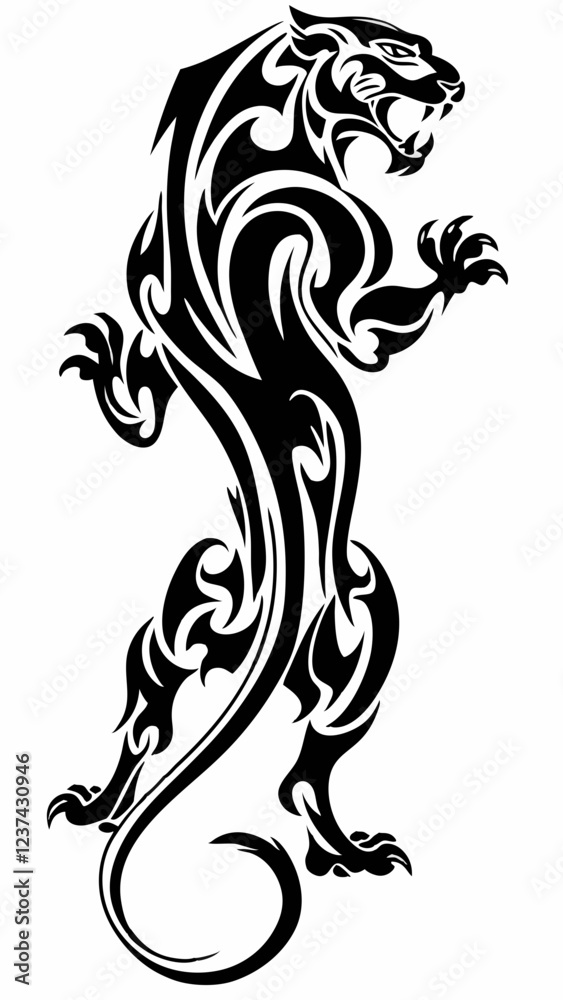 Fototapeta premium Bold Tribal Panther Design, Black and White Artwork of a Powerful Panther in Stalking Pose with Intricate Tribal Patterns, Majestic Panther with Flowing Tail and Defined Muscular Form
