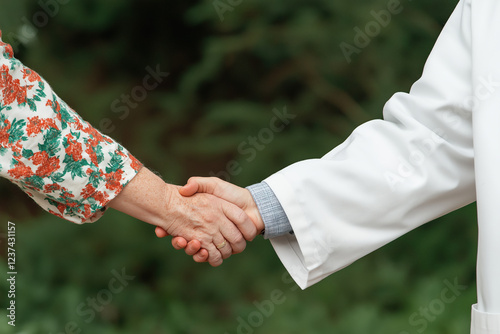 Close-up of a handshake between a person in a floral shirt and a person in a white coat, against a blurred green background.