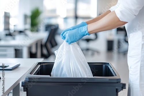 Worker in gloves replacing a trash bag in a sleek office bin, clean and organized desks in the background, bright lighting, minimalist decor, concept of office cleanliness, organization photo