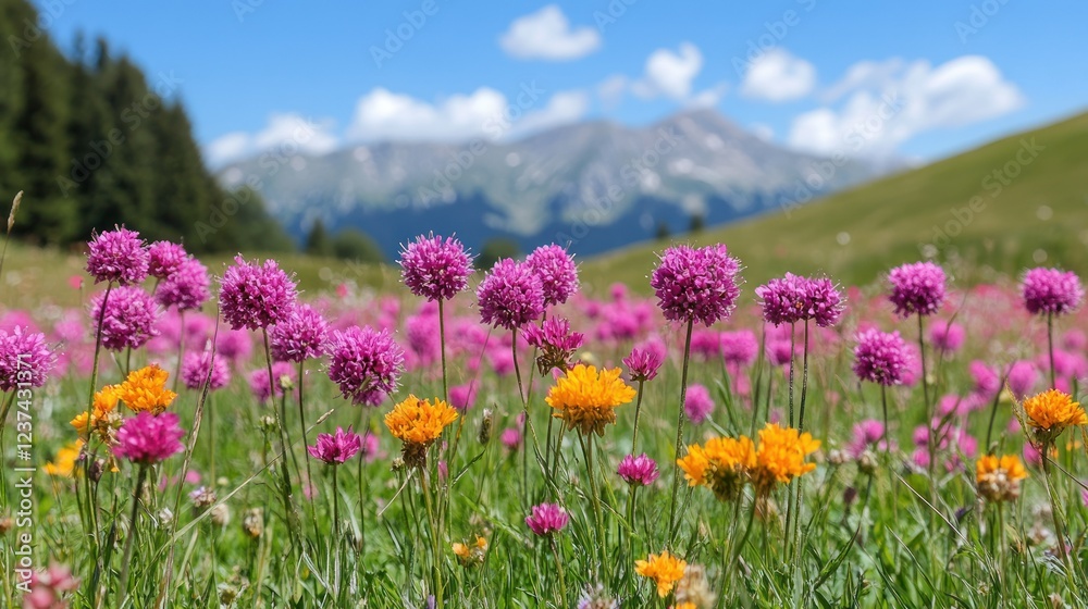 Alpine Meadow in Bloom: Vibrant Wildflowers Against Majestic Mountains Alpine Meadow in Bloom: Vibrant Wildflowers Against Majestic Mountains