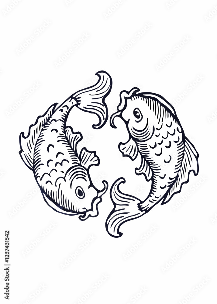 Fototapeta premium Elegant Black and White Illustration of Two Koi Fish Swimming in a Circular Formation, Intricate Design with Detailed Scales and Flowing Fins, Symbolic Yin-Yang Koi Fish Artwork