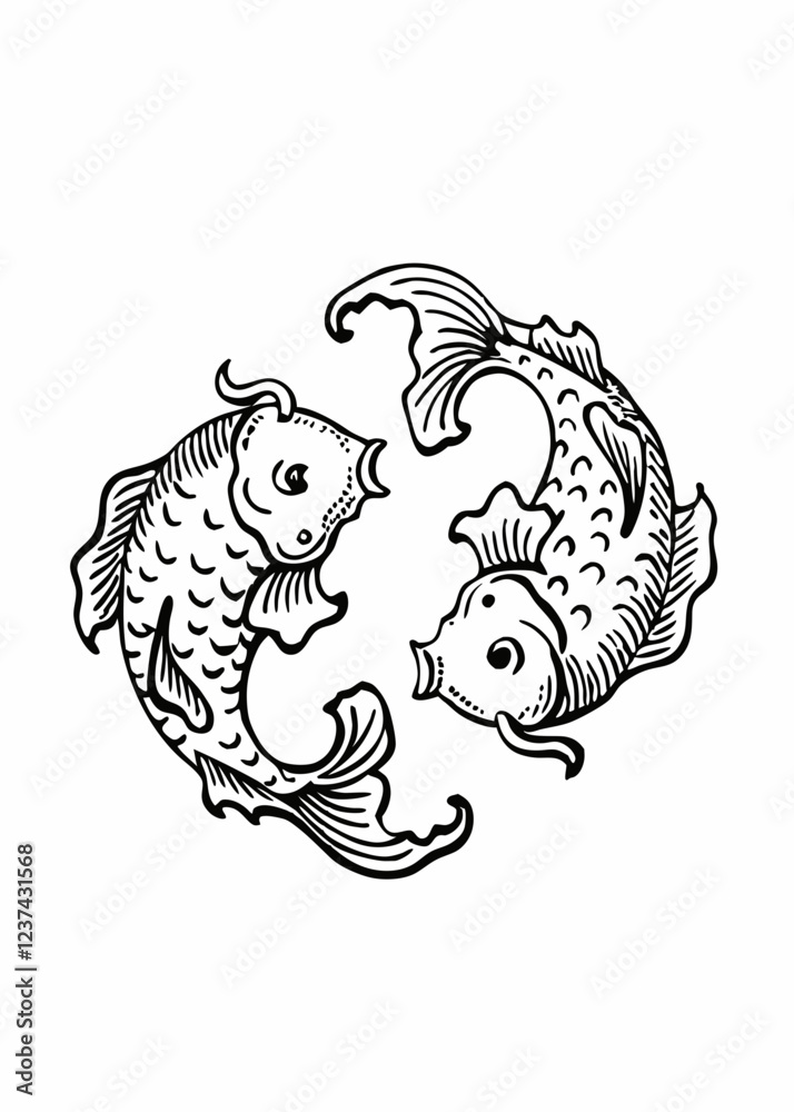 Fototapeta premium Elegant Black and White Illustration of Two Koi Fish Swimming in a Circular Formation, Intricate Design with Detailed Scales and Flowing Fins, Symbolic Yin-Yang Koi Fish Artwork