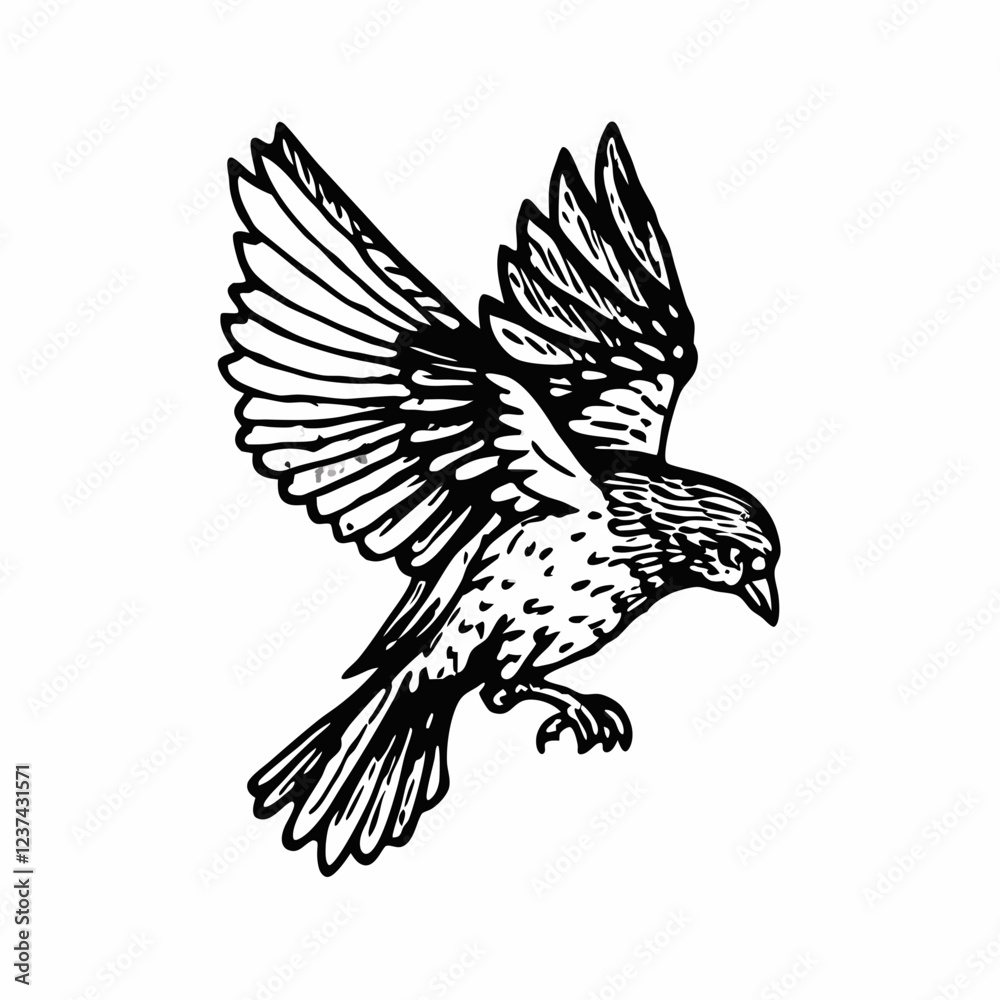 Fototapeta premium Graceful Bird in Flight, Black and White Illustration of a Bird Spreading Its Wings in Mid-Air, Detailed Artwork of a Flying Bird with Intricate Feather Designs