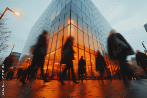 Blurred figures walking past a modern glass building at dusk