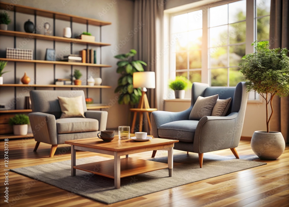 A 3D rendered tilt-shift photo depicts a cozy, modern living room with comfortable seating and a side table. A 3D rendered tilt-shift photo depicts a cozy, modern living room with comfortable seating and a side table.