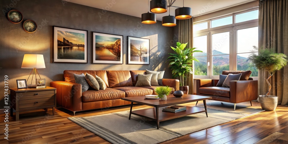 A 3D rendered drone shot reveals a cozy living room; brown sofa, coffee table, art-adorned walls. A 3D rendered drone shot reveals a cozy living room; brown sofa, coffee table, art-adorned walls.