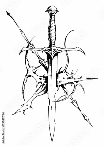 Detailed Sword with Cracks and Thorny Design, Powerful Black and White Artwork of a Sword Breaking Through, Intricate Sword with Barbed Details and Cracked Surface