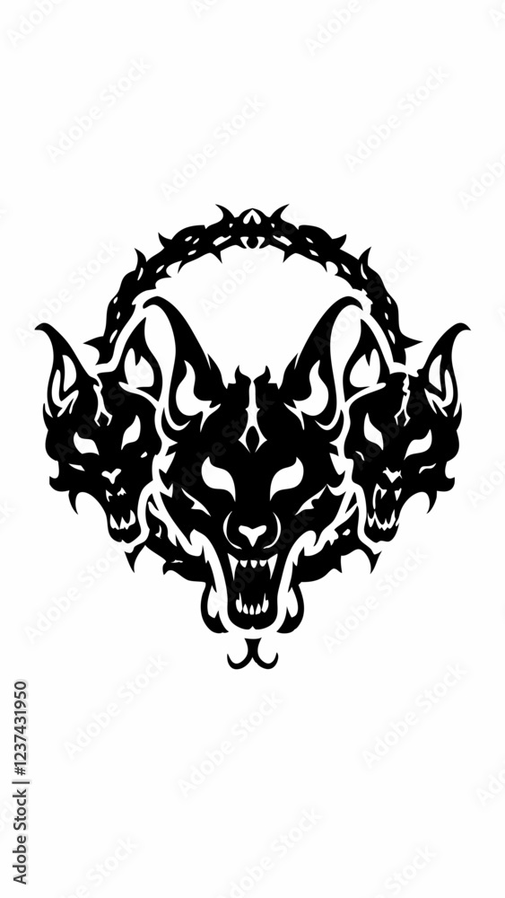 Fototapeta premium Intense Three-Headed Wolf with Chain, Black and White Illustration of a Ferocious Wolf with Three Heads Connected by a Chain, Bold Tribal Design with Sharp Teeth and Snarling Expressions