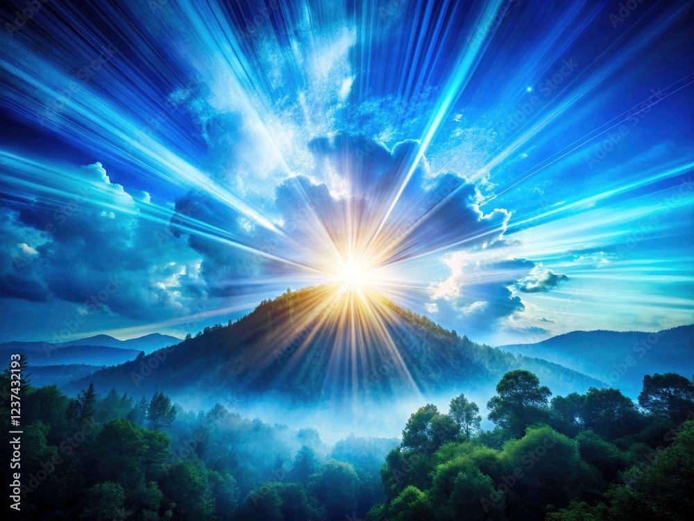 Fototapeta premium Abstract celestial art: a double exposure of a blue sunburst, creating a mystical, dreamlike sunrise.