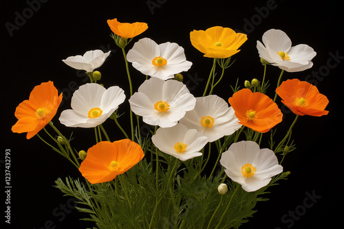 Elegant Display of White and Orange Poppies on Black Background