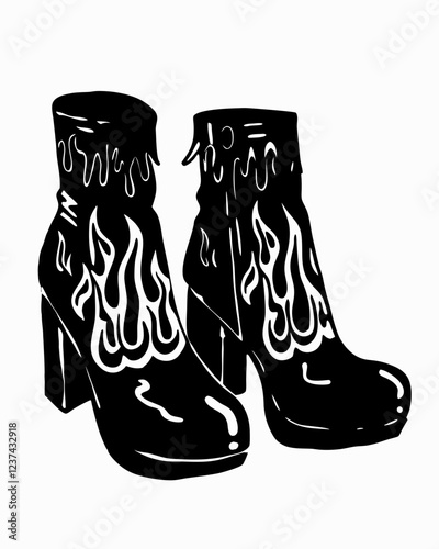Bold Black and White Platform Boots with Flame Design, Stylish High-Heeled Shoes with Flame Patterns, Retro Fashion Footwear with Glossy Finish and Unique Artistic Detail